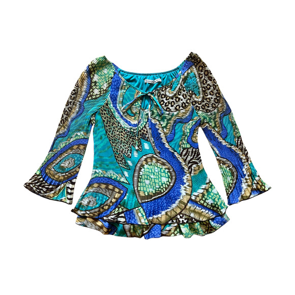 Vtg Y2K Top Size S Multi-color Leopard Abstract Trumpet Sleeve Fairy Boho Artsy - Picture 1 of 8